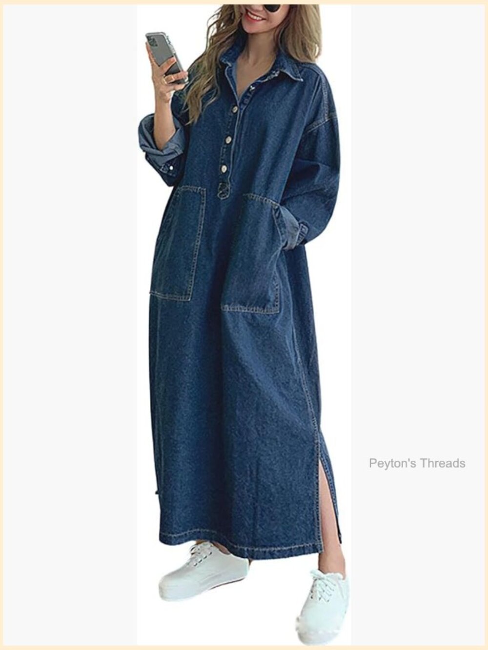 Casual Long Sleeve Maxi Denim Dress 1/2 Button Down Tunic Swing Dress - Picture 1 of 6